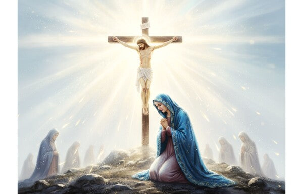 JESUS ON CROSS, MARY MOURNS AT HIS SIDE