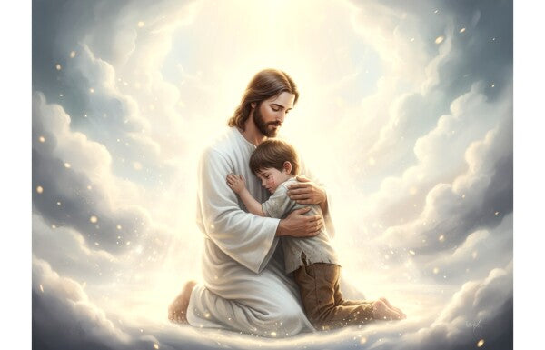 JESUS EMBRACES LITTLE BOY ON HEAVENLY CLOUDS