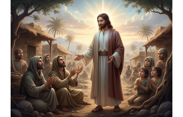 JESUS IN POOR VILLAGE, WORSHIPPERS ON THEIR KNEES