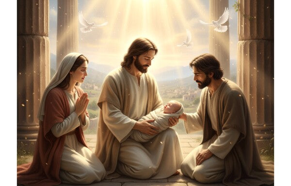 JESUS EMBRACES BABY, AS PARENTS LOOK ON