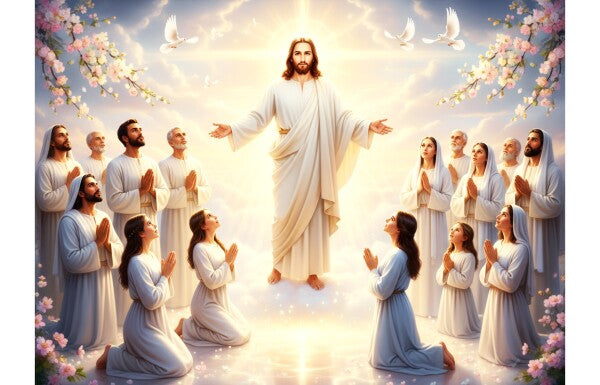 JESUS STANDS IN HEAVENLY LIGHT AMONG HIS EARTLY WORSHIPPERS