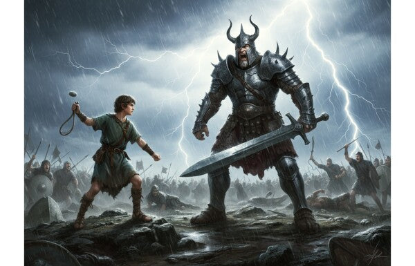 DAVID CONFRONTS GOLIATH IN A THUNDERSTORM