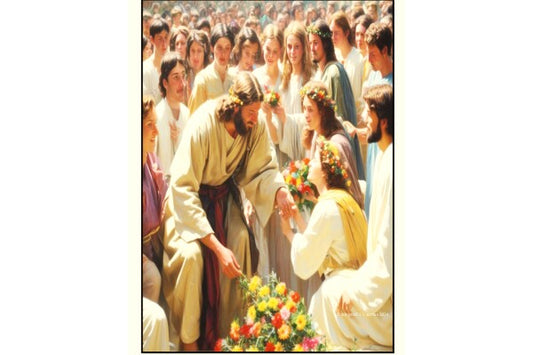 JESUS HAS FLOWERS PLACED AT HIS FEET