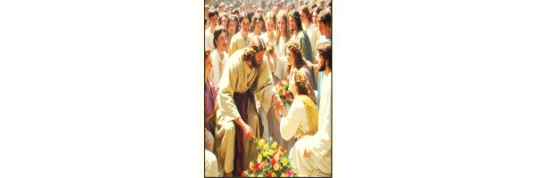 JESUS HAS FLOWERS PLACED AT HIS FEET