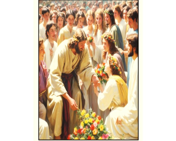 JESUS HAS FLOWERS PLACED AT HIS FEET