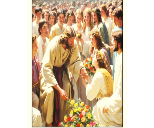 JESUS HAS FLOWERS PLACED AT HIS FEET