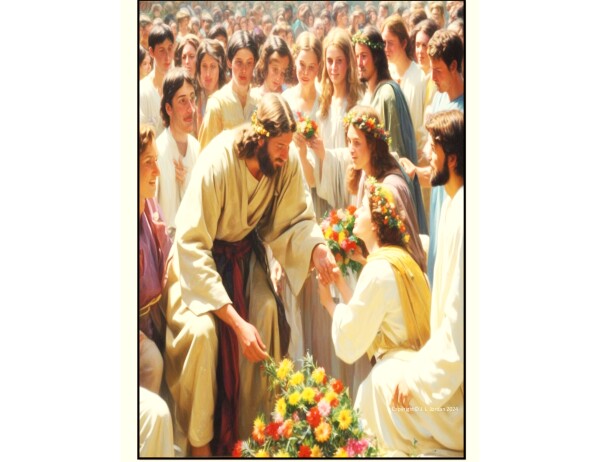 JESUS HAS FLOWERS PLACED AT HIS FEET