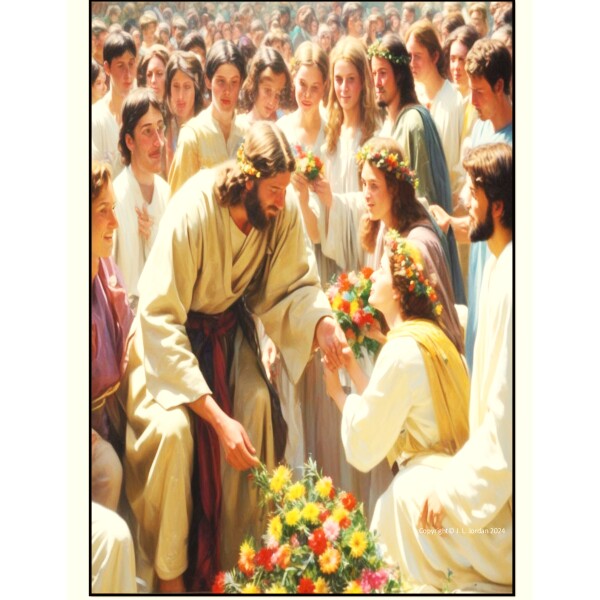 JESUS HAS FLOWERS PLACED AT HIS FEET