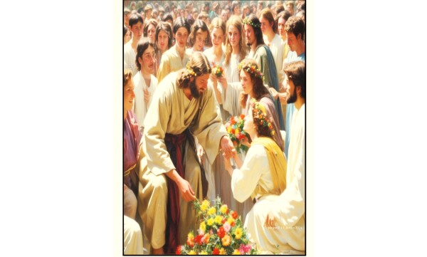 JESUS HAS FLOWERS PLACED AT HIS FEET