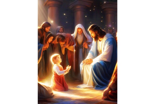 CHILD BOWS AT JESUS'S KNEES