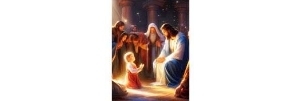 CHILD BOWS AT JESUS'S KNEES