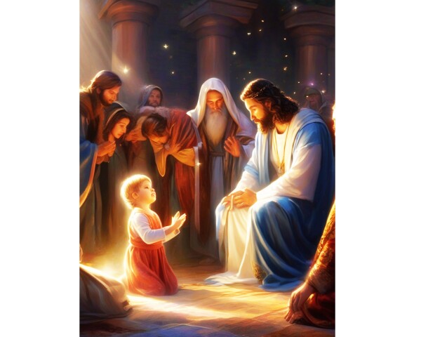 CHILD BOWS AT JESUS'S KNEES