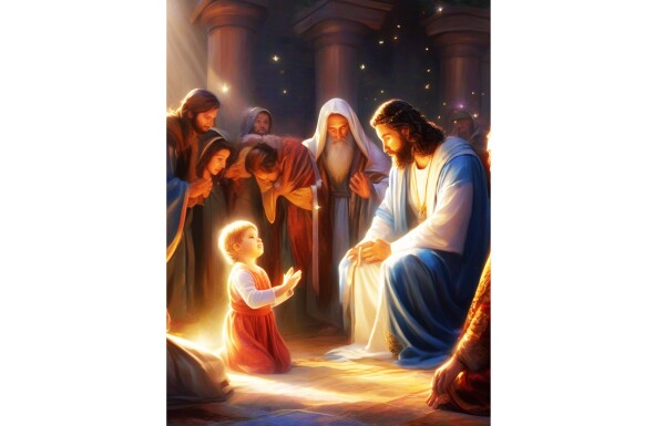 CHILD BOWS AT JESUS'S KNEES