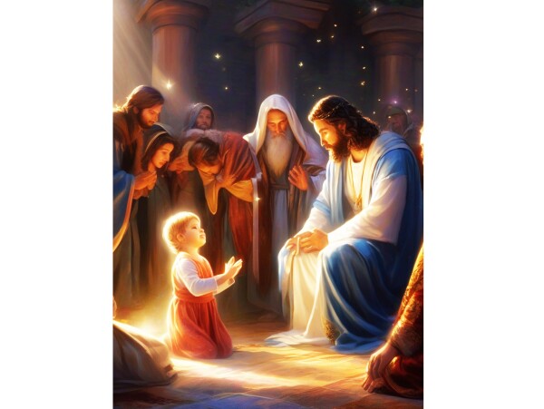 CHILD BOWS AT JESUS'S KNEES