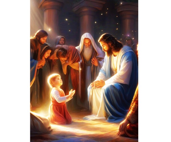 CHILD BOWS AT JESUS'S KNEES