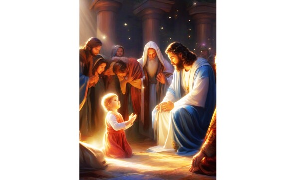CHILD BOWS AT JESUS'S KNEES