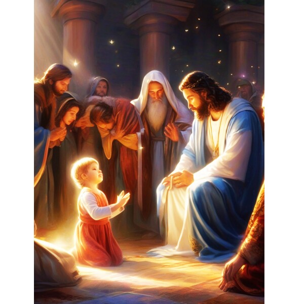 CHILD BOWS AT JESUS'S KNEES