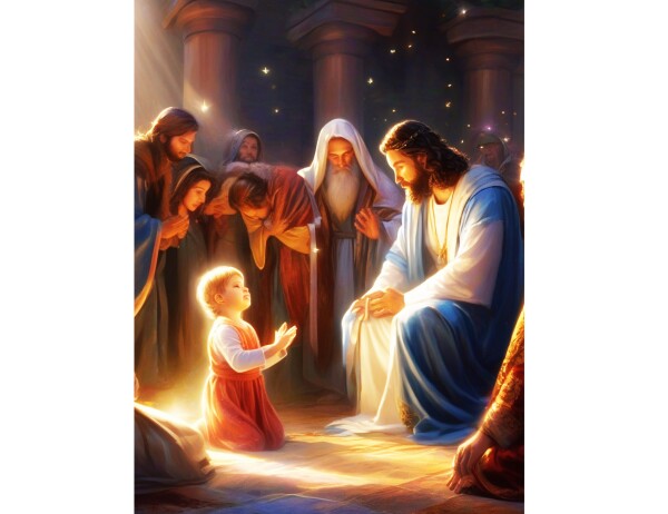 CHILD BOWS AT JESUS'S KNEES
