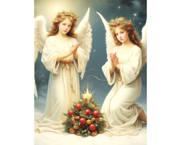 TWIN ANGELS ABOVE CHRISTMAS TREE