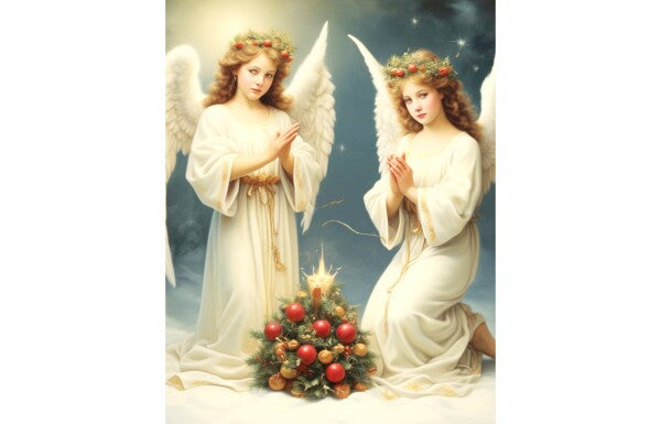 TWIN ANGELS ABOVE CHRISTMAS TREE