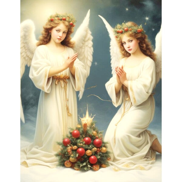 TWIN ANGELS ABOVE CHRISTMAS TREE