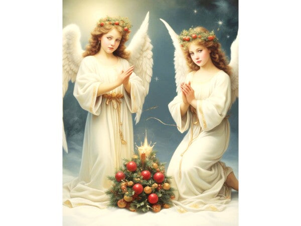 TWIN ANGELS ABOVE CHRISTMAS TREE