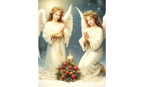 TWIN ANGELS ABOVE CHRISTMAS TREE