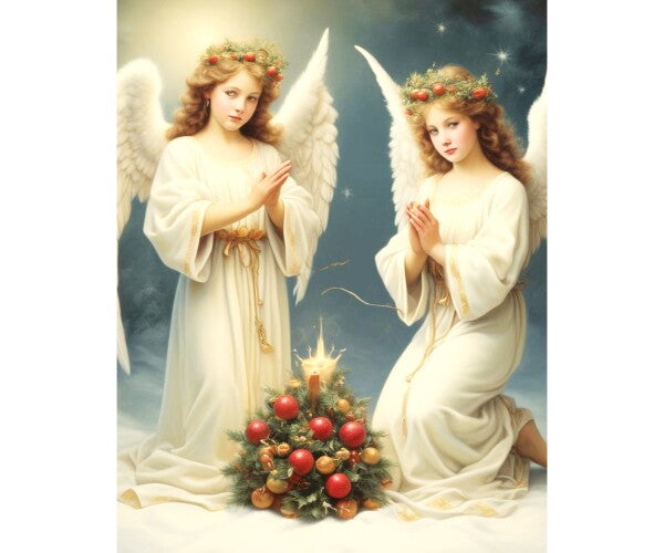 TWIN ANGELS ABOVE CHRISTMAS TREE
