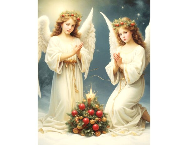 TWIN ANGELS ABOVE CHRISTMAS TREE