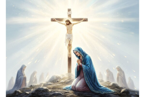 JESUS ON CROSS, MARY MOURNS AT HIS SIDE