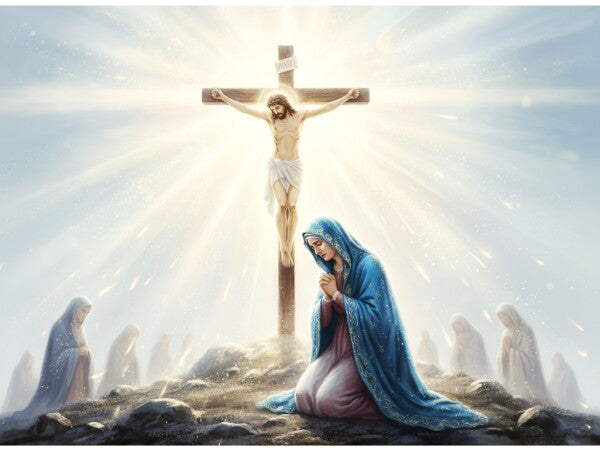 JESUS ON CROSS, MARY MOURNS AT HIS SIDE
