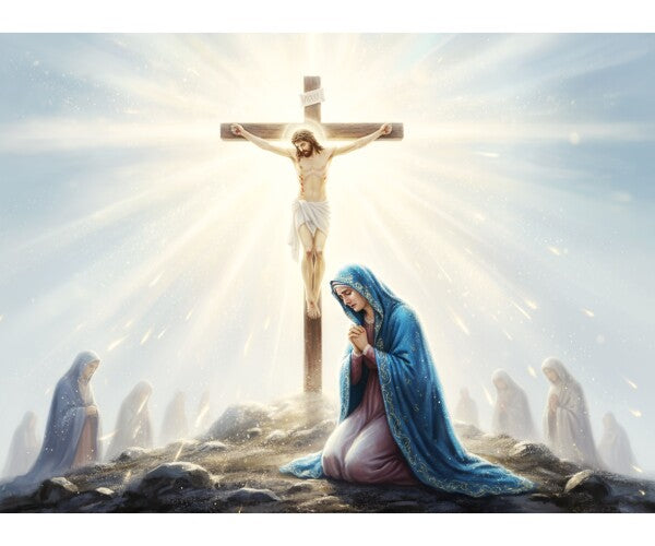 JESUS ON CROSS, MARY MOURNS AT HIS SIDE