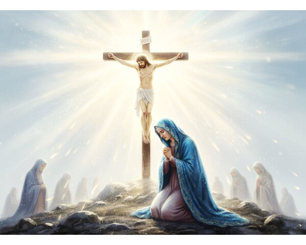 JESUS ON CROSS, MARY MOURNS AT HIS SIDE