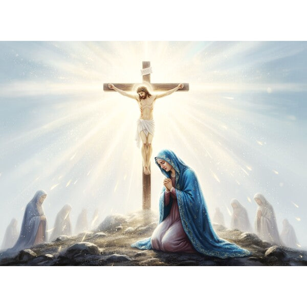 JESUS ON CROSS, MARY MOURNS AT HIS SIDE