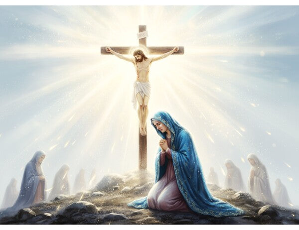 JESUS ON CROSS, MARY MOURNS AT HIS SIDE