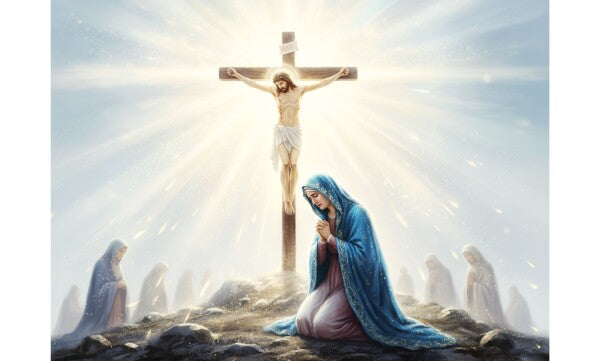 JESUS ON CROSS, MARY MOURNS AT HIS SIDE