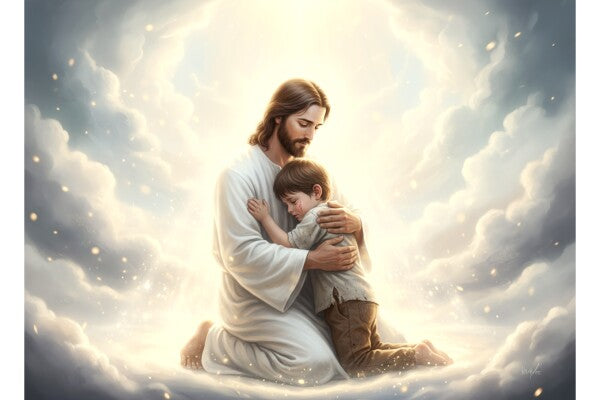 JESUS EMBRACES LITTLE BOY ON HEAVENLY CLOUDS