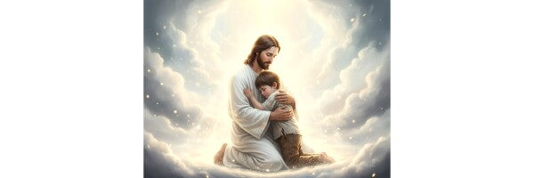 JESUS EMBRACES LITTLE BOY ON HEAVENLY CLOUDS