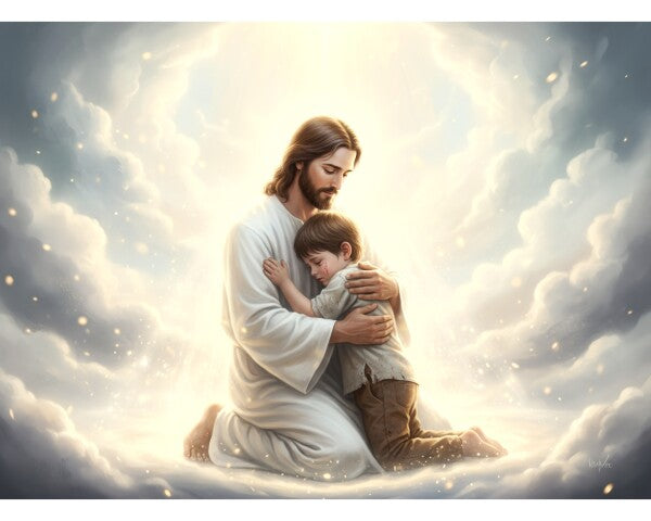 JESUS EMBRACES LITTLE BOY ON HEAVENLY CLOUDS