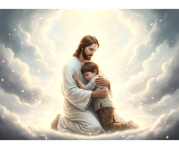 JESUS EMBRACES LITTLE BOY ON HEAVENLY CLOUDS