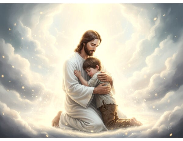 JESUS EMBRACES LITTLE BOY ON HEAVENLY CLOUDS