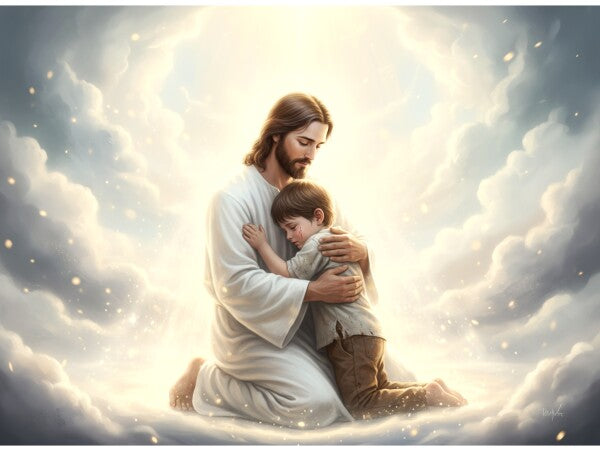 JESUS EMBRACES LITTLE BOY ON HEAVENLY CLOUDS