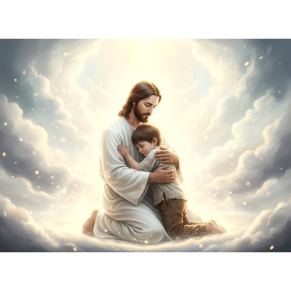 JESUS EMBRACES LITTLE BOY ON HEAVENLY CLOUDS