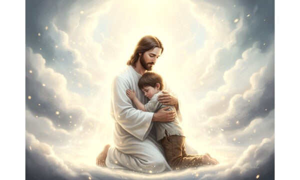 JESUS EMBRACES LITTLE BOY ON HEAVENLY CLOUDS