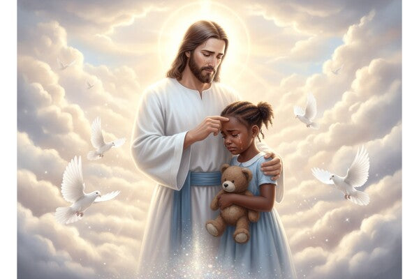 JESUS CONSOLES TEARFUL LITTLE BLACK GIRL, ON CLOUDS