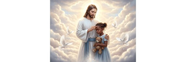JESUS CONSOLES TEARFUL LITTLE BLACK GIRL, ON CLOUDS