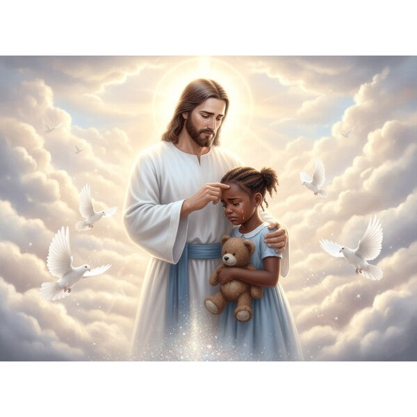 JESUS CONSOLES TEARFUL LITTLE BLACK GIRL, ON CLOUDS