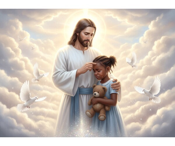 JESUS CONSOLES TEARFUL LITTLE BLACK GIRL, ON CLOUDS