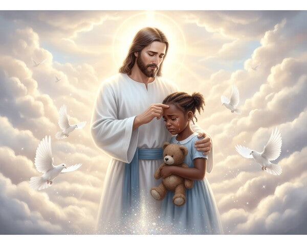 JESUS CONSOLES TEARFUL LITTLE BLACK GIRL, ON CLOUDS