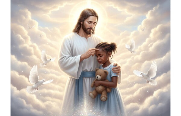 JESUS CONSOLES TEARFUL LITTLE BLACK GIRL, ON CLOUDS